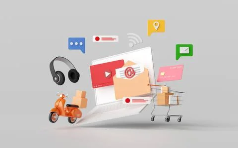 3d illustration of Multitasking online on laptop such as working, listening.. Stock Illustration