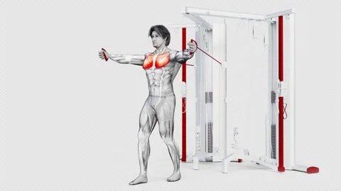 3d illustration of a muscular man practicing Chest-Cable Pec Fly, gym workout Stock Footage 252019448