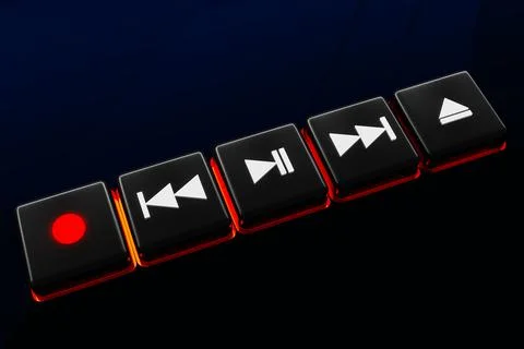 3d illustration of music switch button: start, next and previous song, stop a Illustrazione stock