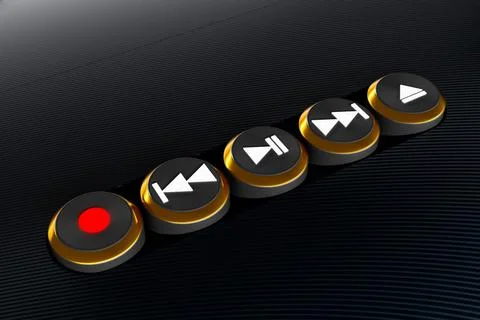 3d illustration of music switch button: start, next and previous song, stop a Illustrazione stock