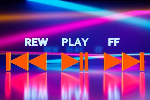 3d illustration of music switch button: start, next and previous song on neon Illustrazione stock