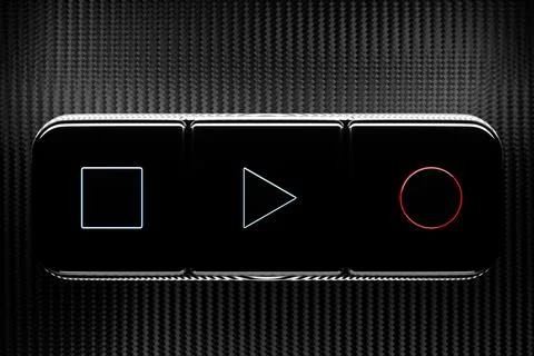 3d illustration of music switch button: start, stop  and record song on black Illustrazione stock