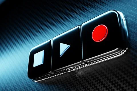 3d illustration of music switch button: start, stop  and record song on black Ilustración de archivo