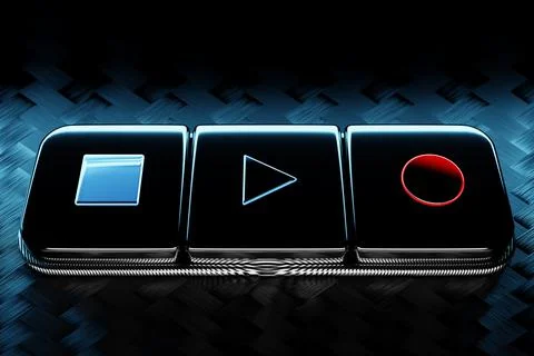 3d illustration of music switch button: start, stop  and record song on black Illustrazione stock