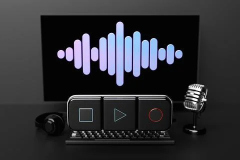 3d illustration of music switch button: start, stop  and record song on the b Illustrazione stock