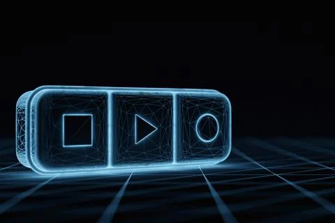 3d illustration of music switch button: start, stop  and record song on black Illustrazione stock