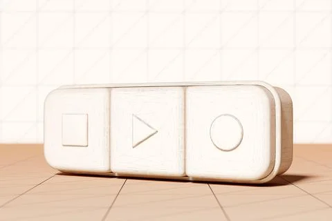 3d illustration of music switch button: start, stop  and record song on  beig Ilustração Stock