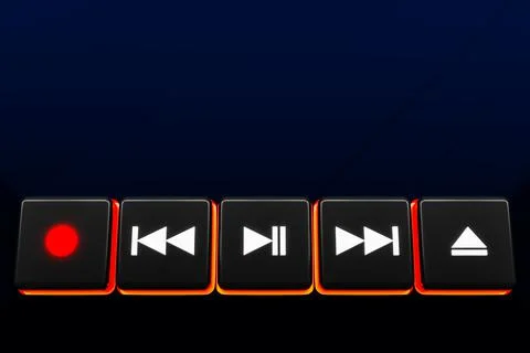 3d illustration of music switch button: start, next and previous song, stop a Stock Photos
