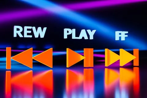 3d illustration of music switch button: start, next and previous song on neon Stock Photos