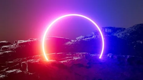 3d illustration Neon ring in volcanic landscape at night in desert Stock Illustration