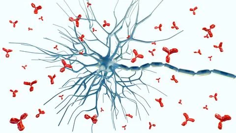 A 3D illustration of neuron and Y-shaped antibodies Stock Illustration