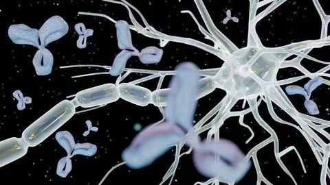 A 3D illustration of neuron and Y-shaped antibodies Stock Illustration