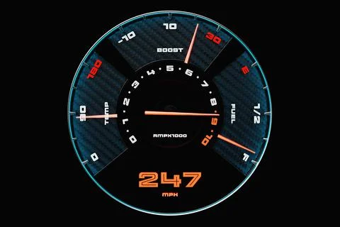 3D illustration new car interior details. Speedometer shows 247 km h , tachom Stock Illustration