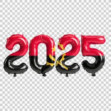 3D illustration of new year 2025 balloons on Angola flag color, isolated on.. Stock Illustration