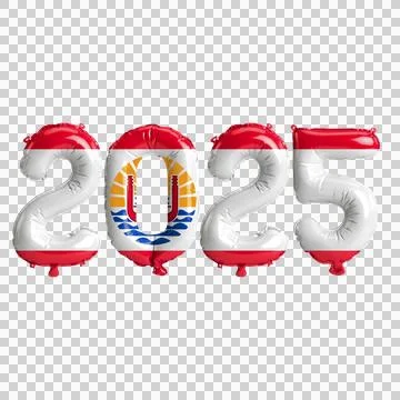 3D illustration of new year 2025 balloons on French Polynesia flag color, i.. Stock Illustration