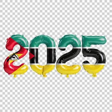 3D illustration of new year 2025 balloons on Mozambique flag color, isolate.. Illustrazione stock