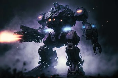 3d illustration of a night combat scene of a sci-fi mech standing in the fog  Stock Illustration