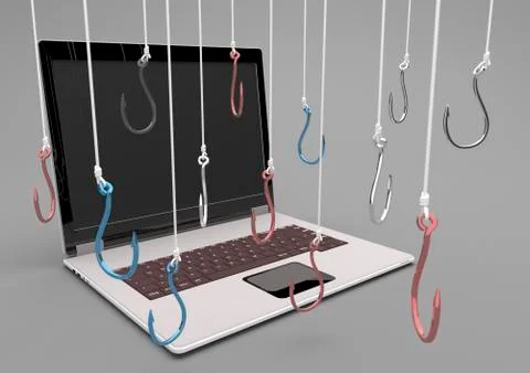 3D Illustration, notebook with colored fishhooks on the gray background 스톡 일러스트