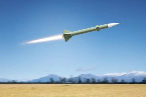 3d illustration of a nuclear rocket bomb flying over a landscape field 스톡 일러스트