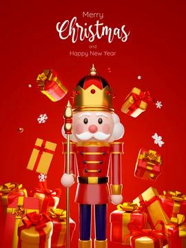 3d illustration of nutcracker with Christmas gift on red background Stock Illustration