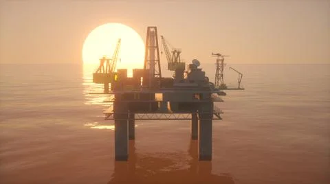 3d Illustration of an oil drilling platform at sunset Stock Illustration