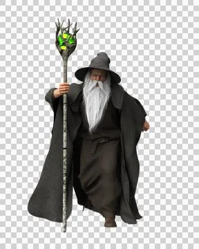 3D illustration of an old bearded wizard casting spell with his staff and iso Stock Illustration