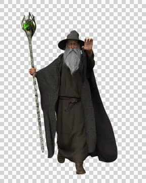 3D illustration of an old bearded wizard wearing grey robes and hat walking f Stock Illustration