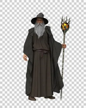 3D illustration of an old bearded wizard wearing grey robes and hat isolated  Stock Illustration