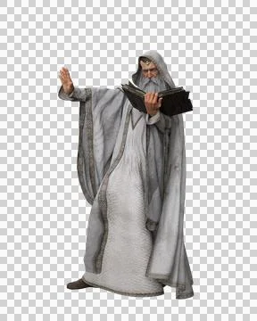 3D illustration of an old bearded wizard in white holding a spell book. Stock Illustration