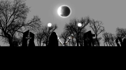 3D illustration of an old cemetry full of creepy spitirs with half ruined tom Stock Illustration