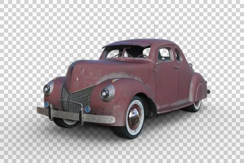3D illustration of an old rusty grey American vintage car isolated on white. Illustrazione stock