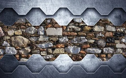 3d illustration, old stone wall in a metal frame Stock Illustration