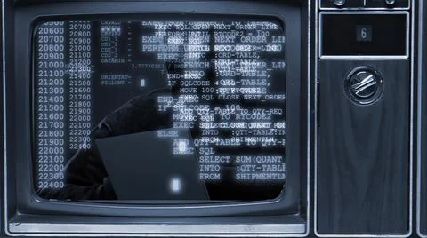 3d illustration - old tv with Computer program codes running  on screen 库存插图