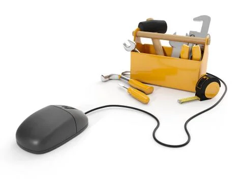 3d illustration: online tools, technical support. mouse and a group of tools  Stock Illustration