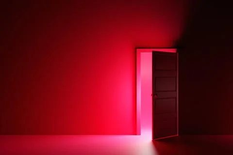 3d illustration of open door from which pink light shines in a dark room with Stock Illustration