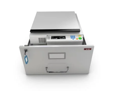 3d Illustration of open drawer with copy machine inside Stock Illustration