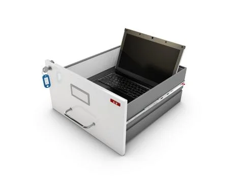 3d Illustration of open drawer with notebook inside Stock Illustration