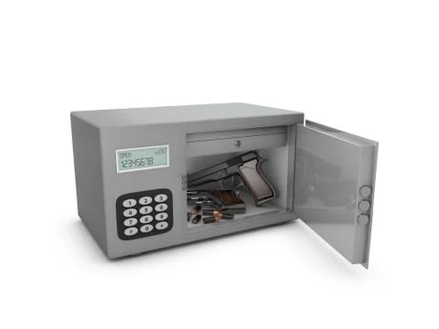 3d illustration of Open safe door with gun and bullets Stock Illustration
