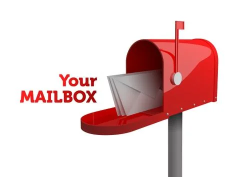 3d illustration of opened red mailbox with envelope, isolated on white Stock Illustration