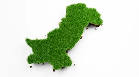 3D illustration of Pakistan map cut grass patch soil earth isolated on the white Ilustración de archivo