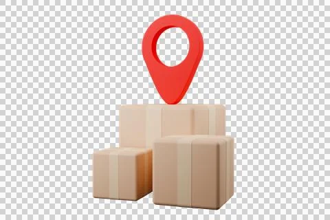 3D illustration, parcel boxes placed together, mark the map above. Illustrazione stock