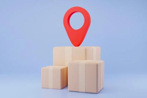 3D illustration, parcel boxes placed together, mark the map above. Stock Illustration