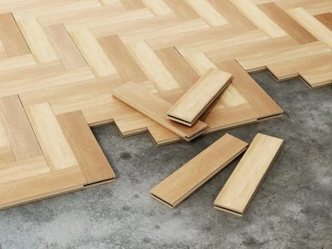 3D illustration of parquet installation process. 3D illustration Ilustración de archivo