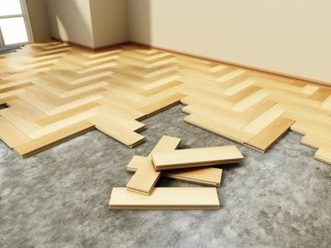 3D illustration of parquet installation process. 3D illustration Stock Illustration
