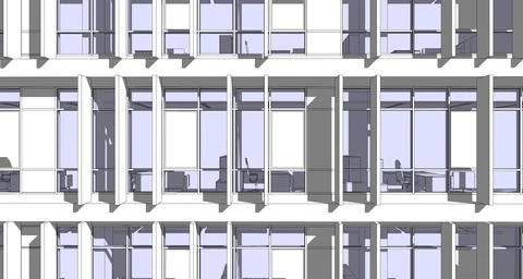 3d illustration of a partial façade of a modern office building with sunshades. Ilustración de archivo