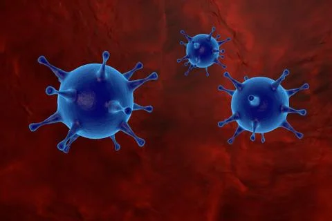 3d illustration of particles of the virus on a red background. Illustrazione stock