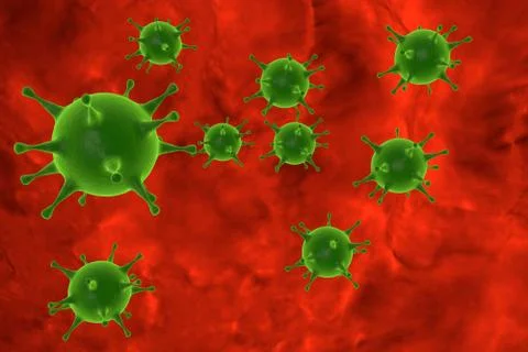 3d illustration of particles of the virus on a red background. Stock Illustration