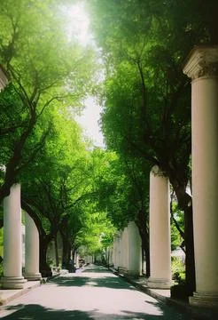 3D illustration of a pathway between trees and columns under the sunlight Stock Illustration
