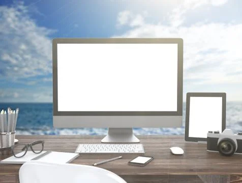 3D illustration PC screen on table, Workspace on nature Illustrazione stock