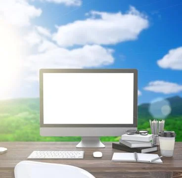 3D illustration PC screen on table, Workspace on nature Illustrazione stock